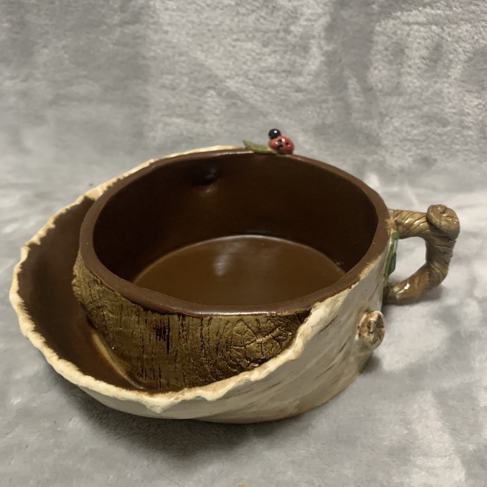 Unique Birch Bark Tree Stump Ceramic Vase Planter‎ Mug Ladybug Handle Decorative